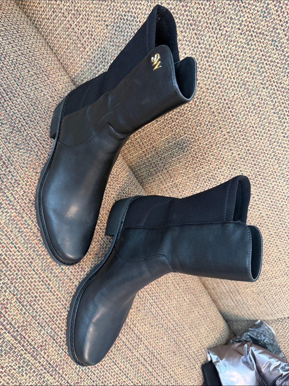 Stuart Weitzman Black Leather Ankle Boots with Gold Logo